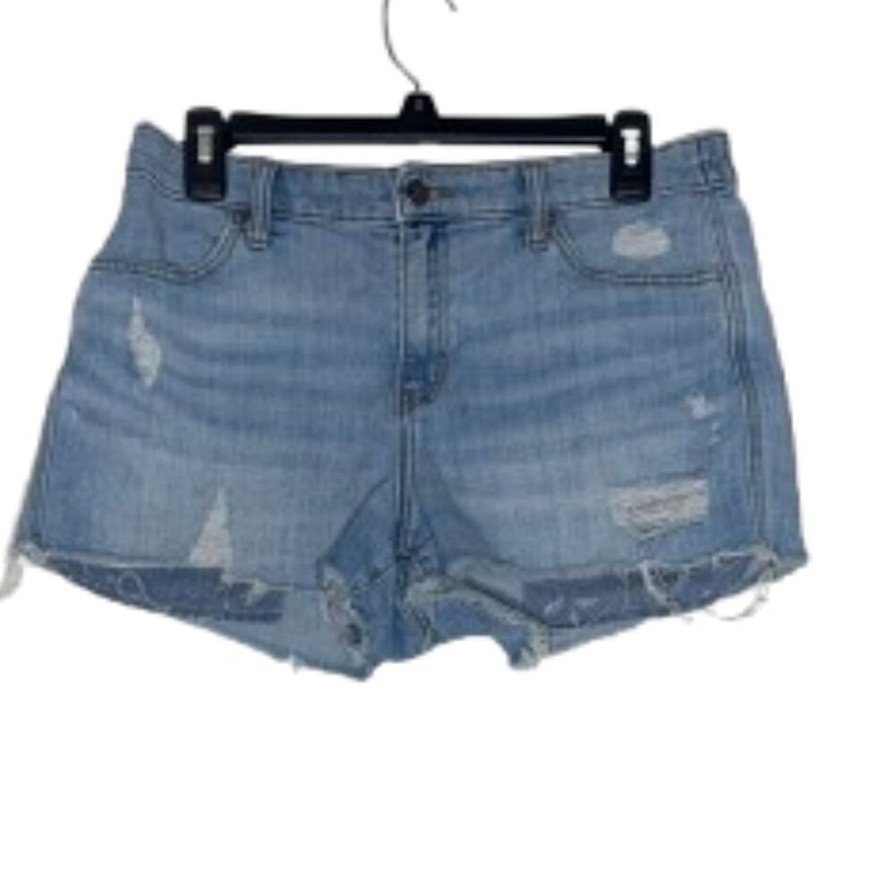 Aerie Distressed Women's Denim Shorts Elastic Stretch Back Raw Hem Size Medium